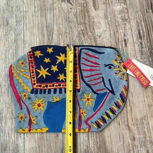 East End Press Elephant Fabric Case Hand Printed Sewn Artistic Pouch Bright - Picture 5 of 6